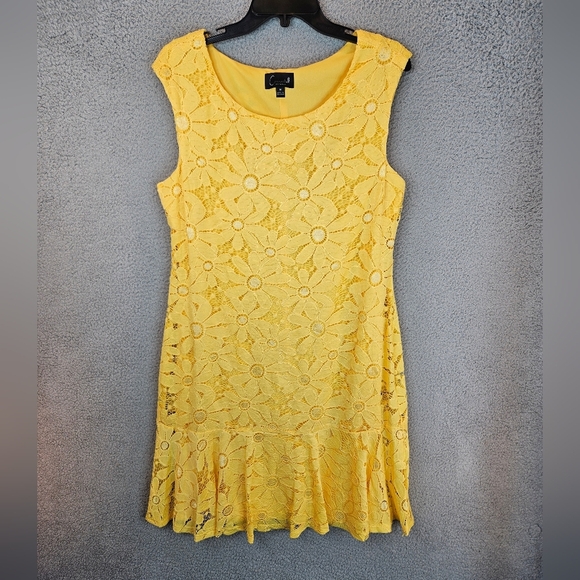 Connected Apparel Coming Up Daisy Yellow Perfect Summer Dress Sz 12 Lace Overlay - Picture 2 of 11